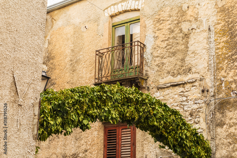 Italy, Sicily, Province of Palermo, Prizzi. A plant covered arch across an alley in Prizzi.