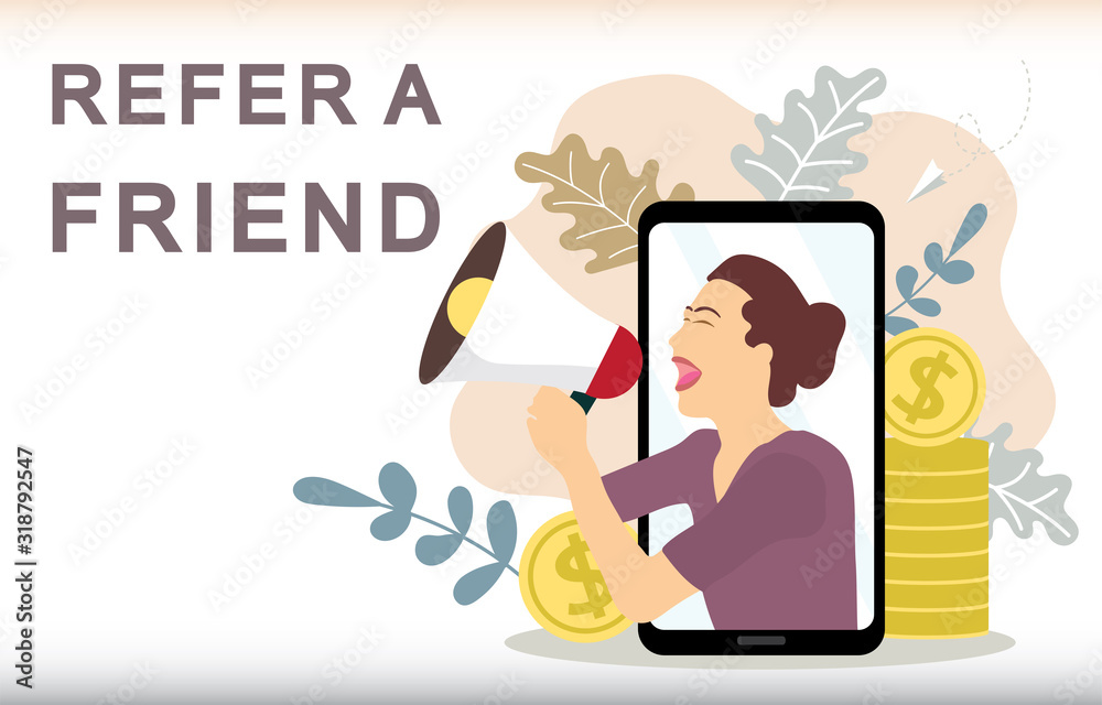 Refer a friend vector illustration concept, man shout on megaphone so can use for landing page, Digital business advertising, Social media marketing. Refer a friend vector illustration concept, man shout on megaphone so can use for landing page, Digital business advertising, Social media marketing.