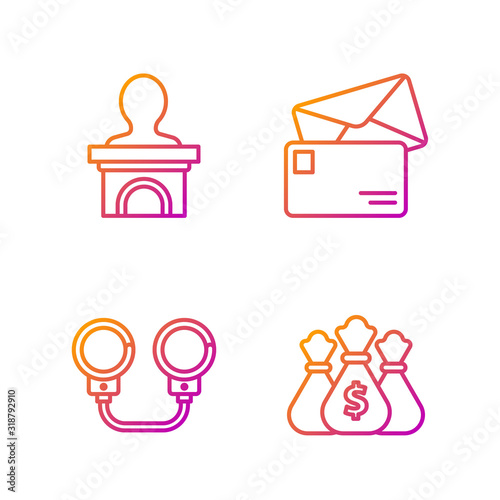 Set line Money bag, Handcuffs, Stage stand or debate podium rostrum and Envelope. Gradient color icons. Vector
