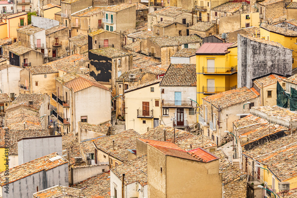 Italy, Sicily, Province of Palermo, Prizzi. View of homes and buildings in the ancient hill town of Prizzi.