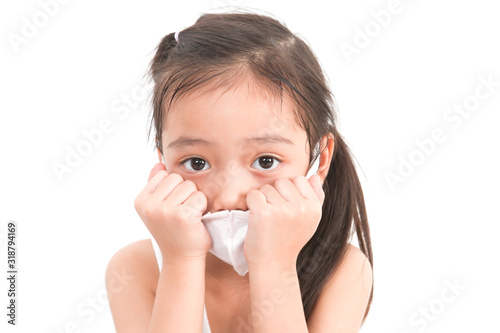 little girl wearing a protective mask on a white background.