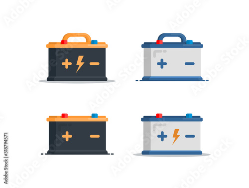 Set Car Battery icon. Accumulator energy power. Car part for garage, auto services. Vector illuatration in flat style.