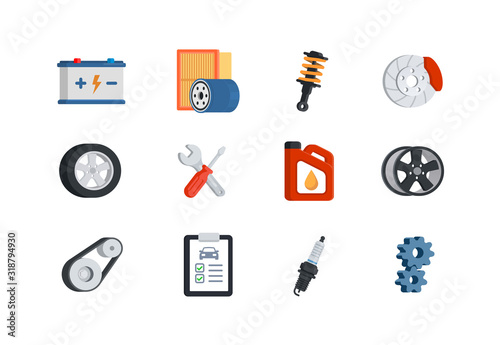 Car service maintenance icon set. Auto repair. Automobile parts shop. Automotive service symbols. Vector illustratio in flat style. Isolated on white background.