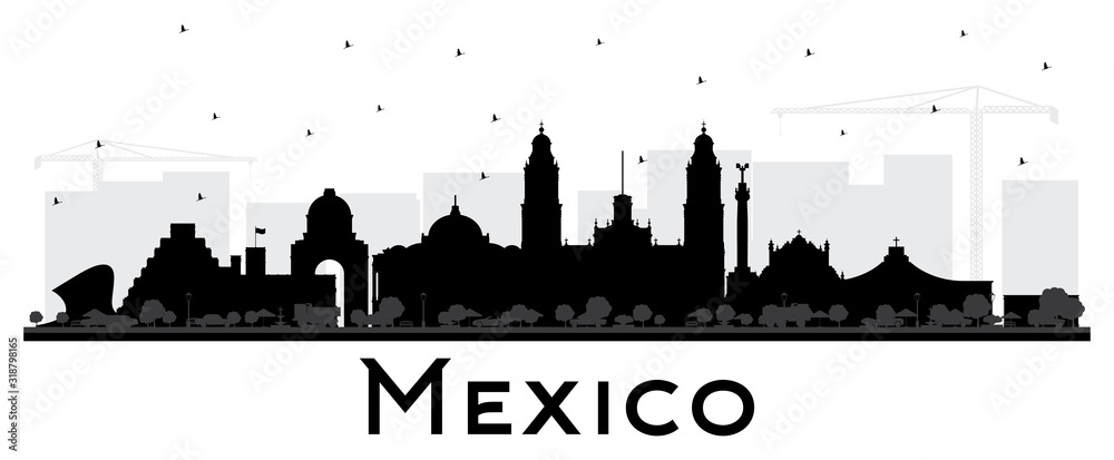 Mexico City Skyline Silhouette with Black Buildings Isolated on White.