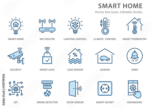 Smart home flat line icon set. Vector illustration. Editable stroke.