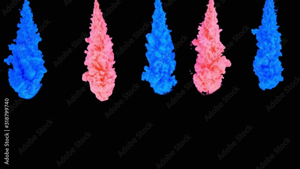Multicolored composition of ink jets. jets of ink from red and blue colors are mixed in the center of the composition. Colorful abstract combination of acrylic rainbow painted black background. Ink in