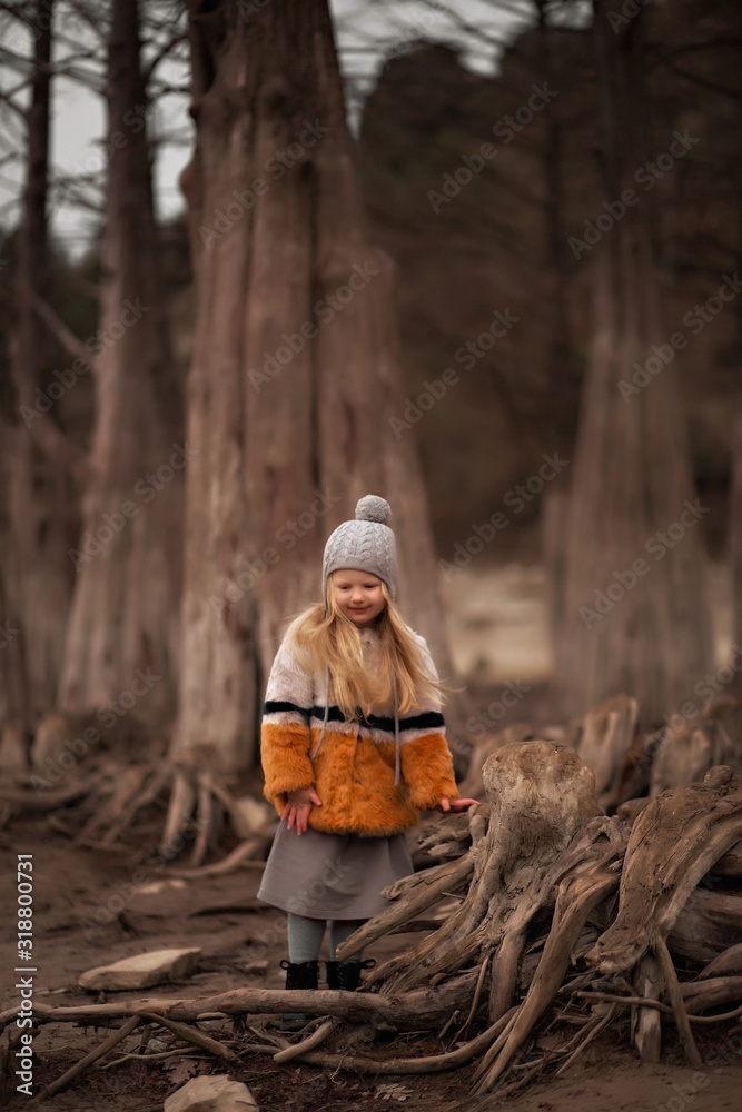 a baby walks by a cypress lake in the middle of tall cypress trees a baby walks by a cypress lake in the middle of tall cypress trees
