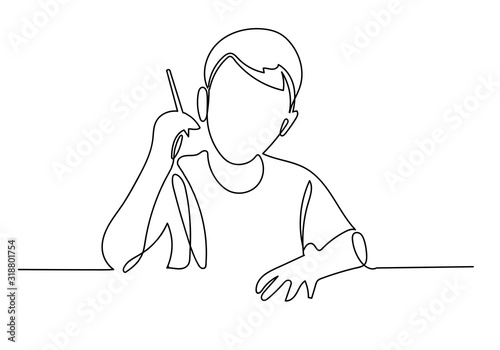 Continuous line of schoolboy raising his hand and pencil, idea and school