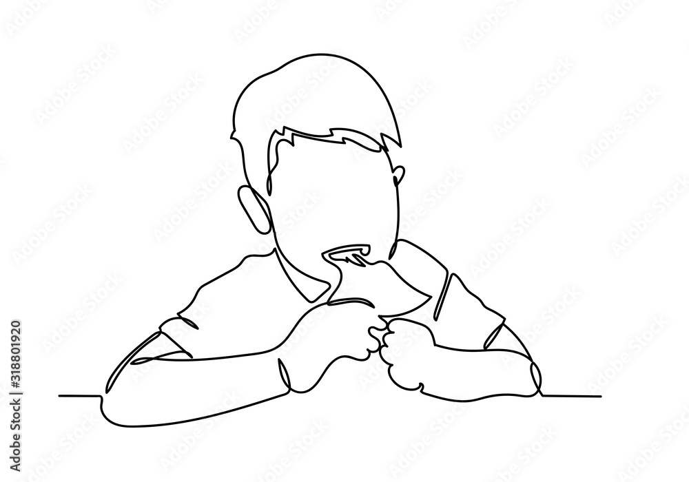 Continuous line of Asian boy is happy to eat pizza with a hot cheese melt Continuous line of Asian boy is happy to eat pizza with a hot cheese melt