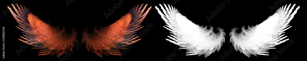 fantasy red bird wing with white clipping mask - obrazy, fototapety, plakaty 