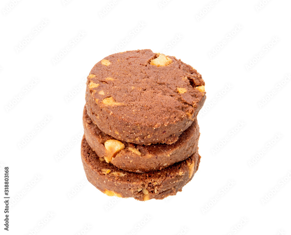 Stack of chocolate chip cookie with nuts isolated on white background. Stack of chocolate chip cookie with nuts isolated on white background.