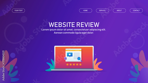 Website audit, content review, audience engagement, five star rating on laptop screen, landing page template, banner.