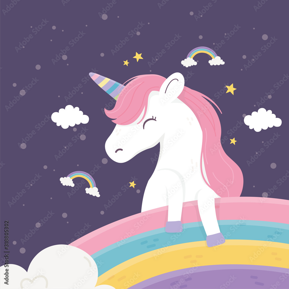 happy unicorn rainbows clouds stars fantasy magic dream cute cartoon