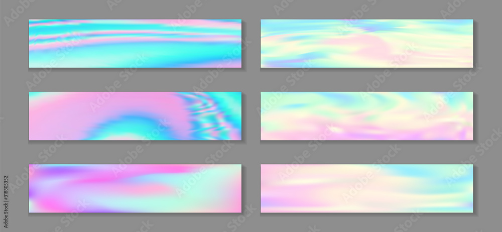 Naklejka premium Neon holo fashionable flyer horizontal fluid gradient mermaid backgrounds vector collection. Glitch 