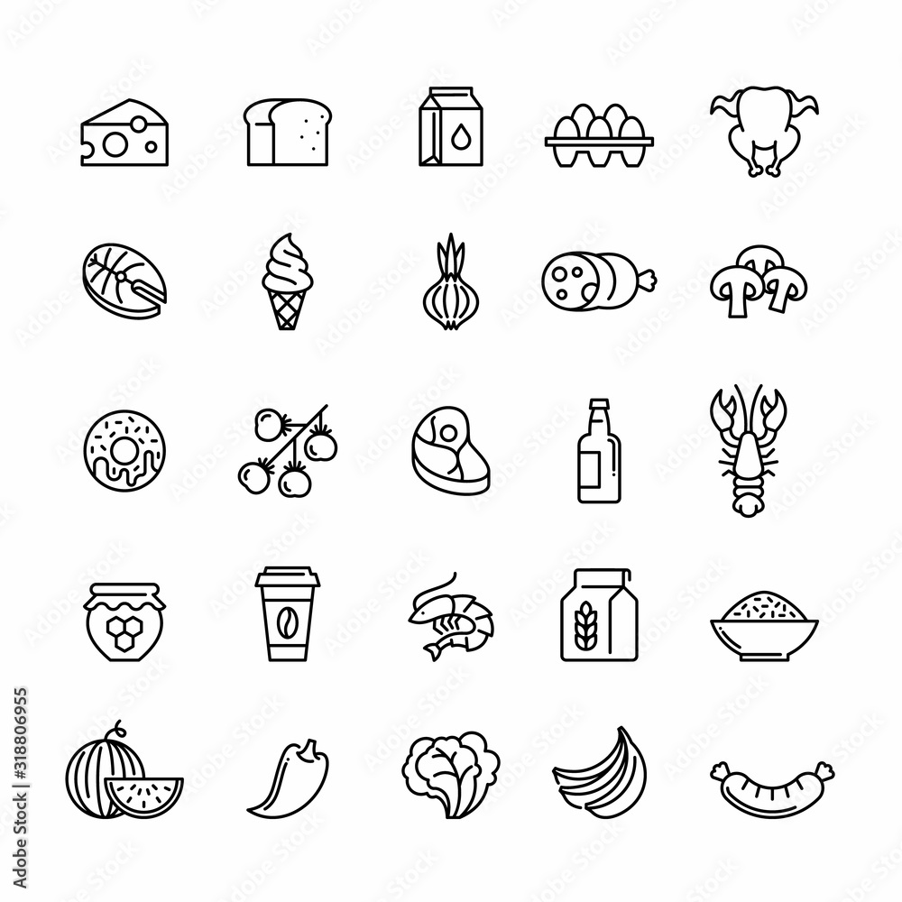 Fototapeta premium Food and drink vector icons set. Meat, vegetables and dairy products illustration.