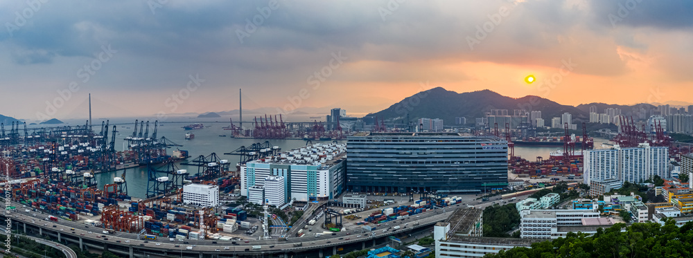 Kwai Chung, Hong Kong  - September 24, 2019 :  Kwai Tsing Container Terminals from drone view