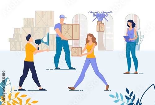 Warehouse and Loaders, Movers Team. Man Manager with Megaphone Controlling Loading. Logistic Working Process. Storeroom Technology Work. Aircraft Drone Delivery Service. Cargo Company Staff