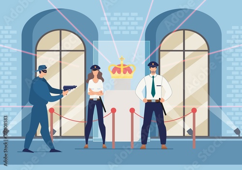 Armed Male Burglar in Mask Trying Steal Crown Threatens Security Guard. Museum Theft. Man and Woman Safety Service Protecting King and Queen Jewelry. Art Criminal and Burglary. Vector Illustration
