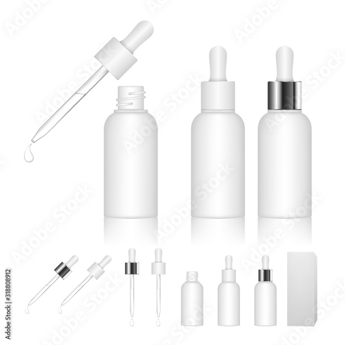 Cosmetic bottle with dropper isolated on white background. Beauty product package. Vector illustration