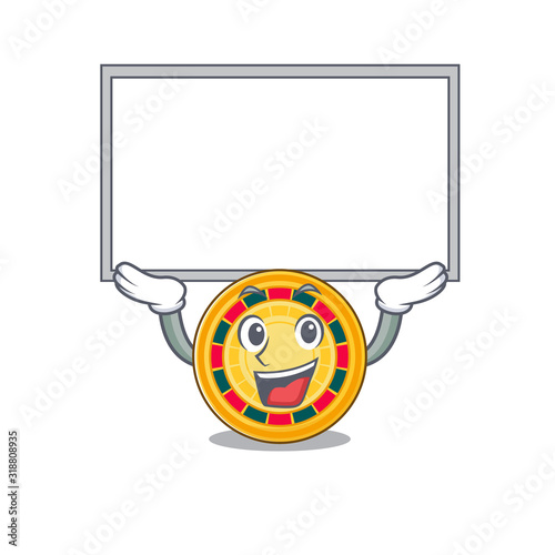 A mascot picture of roulette raised up board