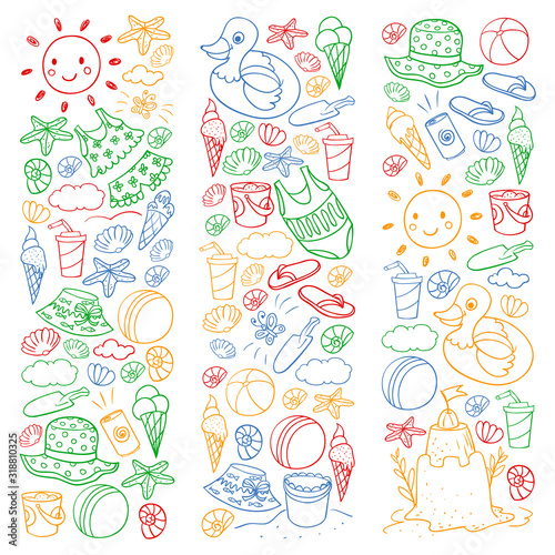 Vector set of beach icons for summer posters, banners. Sea, ocean vacations. Kids drawing style. © rudut2015