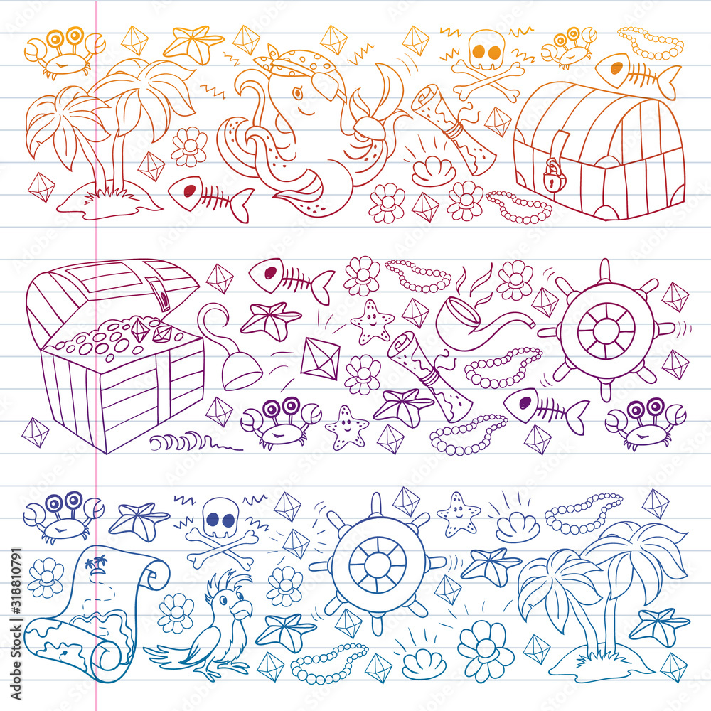Fototapeta premium Vector set with pirate elements for birthday party for little children. Kids pattern with octopus, beach, treasure chest, ship