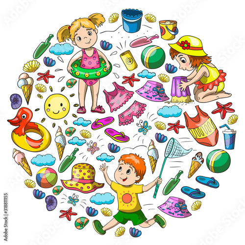 Vector pattern with little chilren. Family summer vacations. Beach, ocean, island, sun. Kids play. Swimming and relaxation.