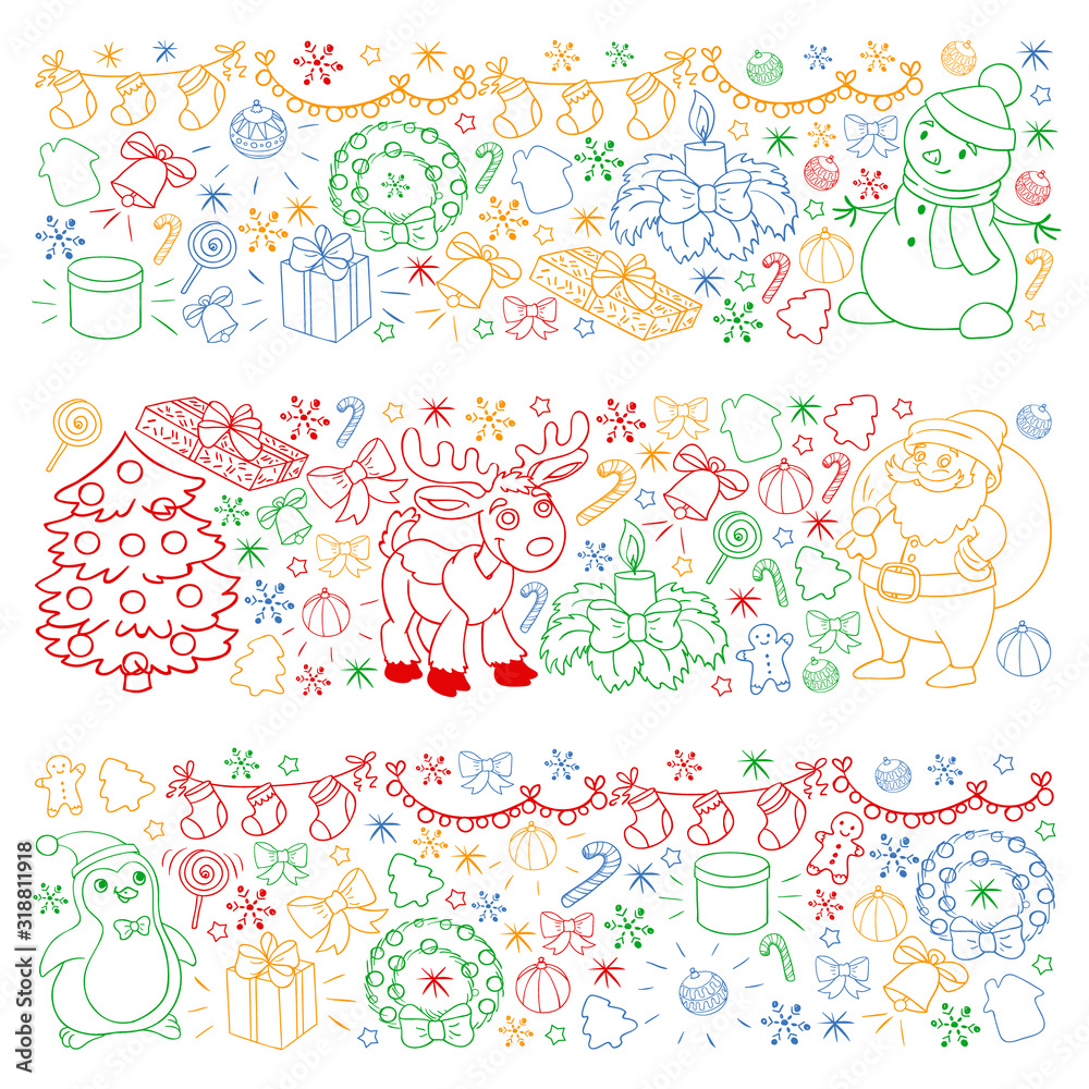 Merry Christmas and happy new year. Santa Claus, deer, snowman, penguin. Vector pattern. Merry Christmas and happy new year. Santa Claus, deer, snowman, penguin. Vector pattern.