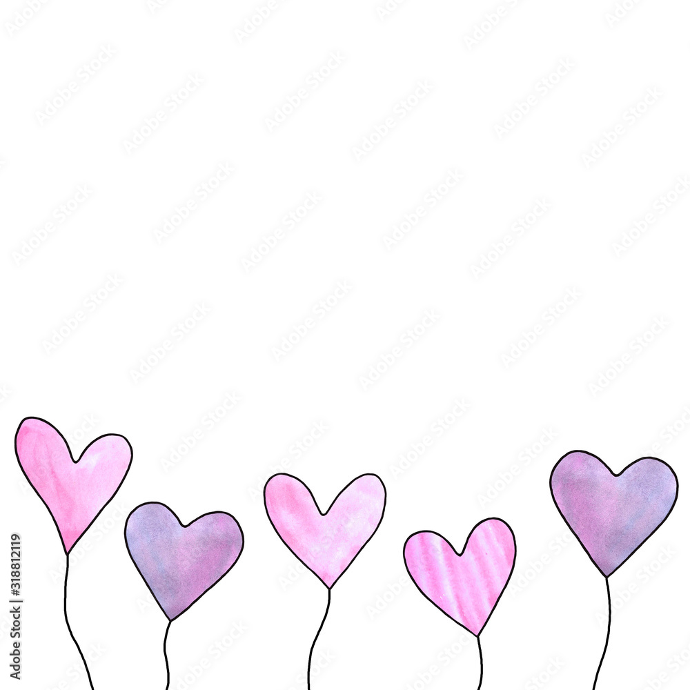 Pink watercolor hearts isolated on white background. Hand drawn balloons along bottom edge. Simple illustration for birthday, Valentines Day, greeting card, mothers Day, declaration of love, web