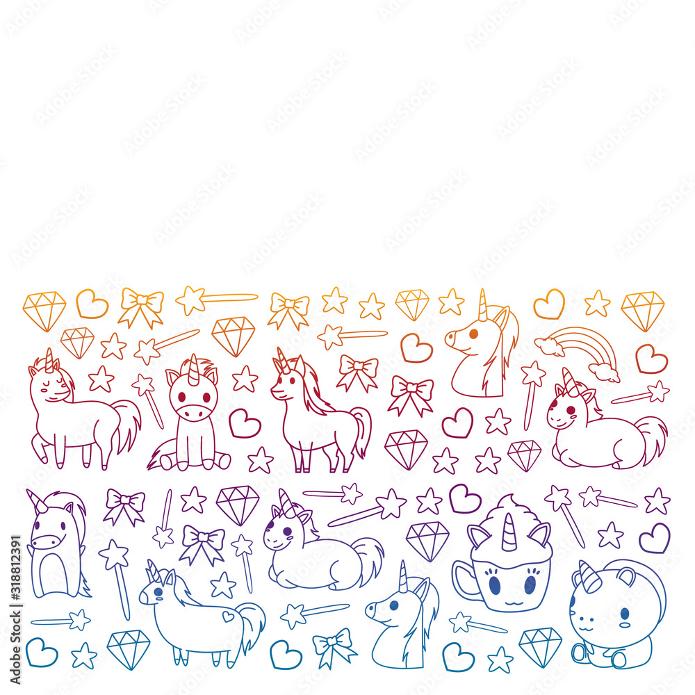 Children pattern with fairy tale unicors for kids clothes, posters, banners, shirts. Vector image with cartoon character. Children pattern with fairy tale unicors for kids clothes, posters, banners, shirts. Vector image with cartoon character.