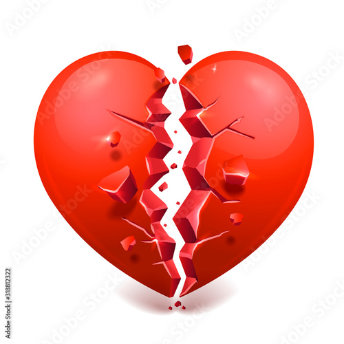 Red broken heart isolated on white, heartbreak vector icon for apps and websites