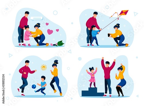 Family Outdoor Recreation and Relationships Trendy Flat Vector Concept Set. Parents Calming Crying Daughter, Launching Kite, Playing Ball, Proud of Child Win in Sport Competition Isolated Illustration