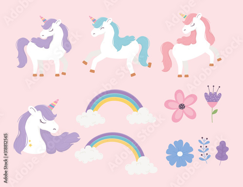 unicorns rainbows flowers magical fantasy dream cute cartoon set