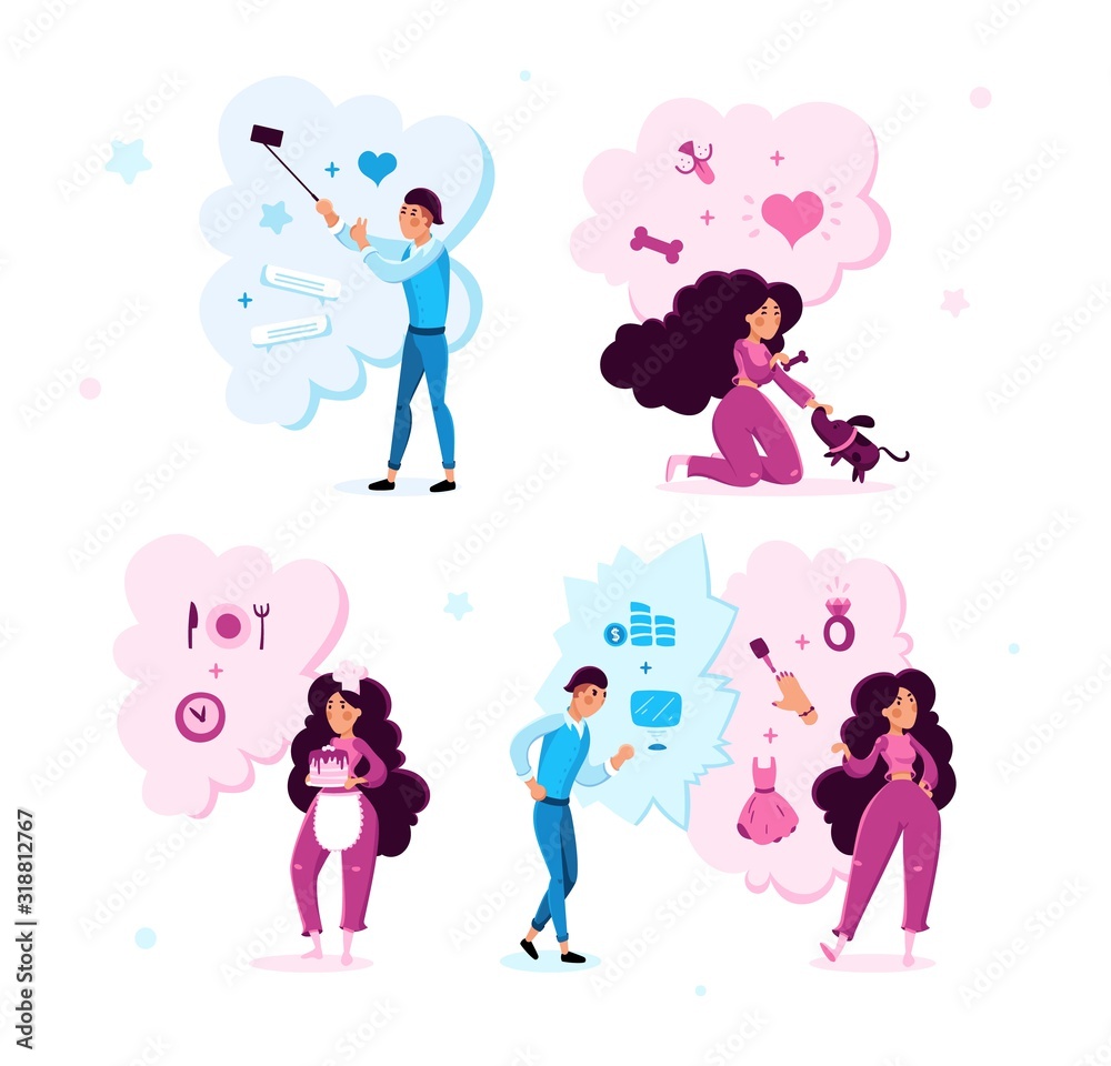 Young Woman and Man Trendy Flat Vector Characters Set Isolated on White Background. Lady Feeding Dog, Cooking Tasty Cake, Choosing Clothing, Guy Shooting Selfie Photos, Making Business Illustrations