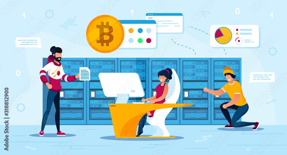 Bitcoin Traders or Miners Trendy Flat Vector Concept. Bitcoin Miners Team Working Together, Female Software Developer Programming Software, Engineer Maintaining Cryptocurrency Mining Farm Illustration