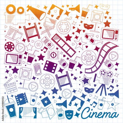 Vector pattern with cinema icons. Movie Theater  TV  popcorn  video clips  musical