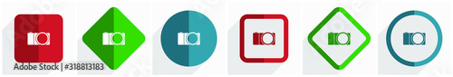 Mirrorless camera, photography icon set, flat design vector illustration in 6 options for webdesign and mobile applications in eps 10