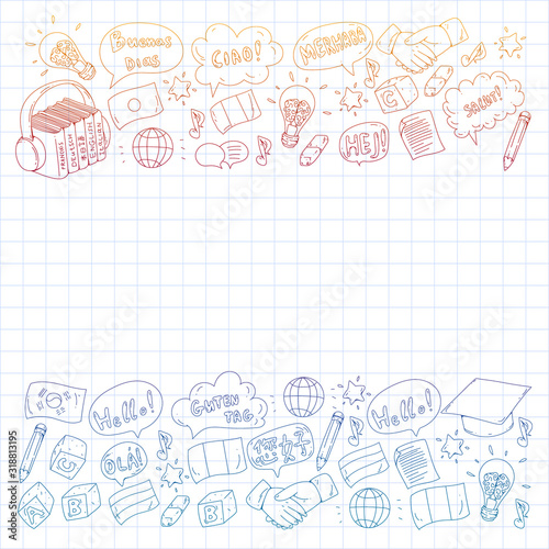 Vector pattern for language class, online courses. English, arabic, italian, japanese, spanish, chinese, german.
