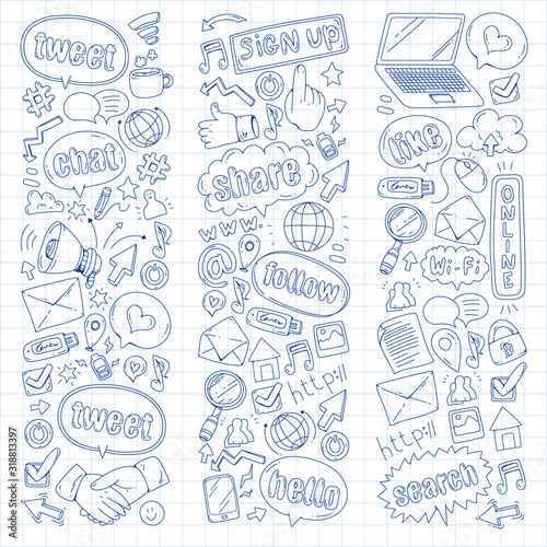 Social media, business, management vector icons. Internet marketing, communications.