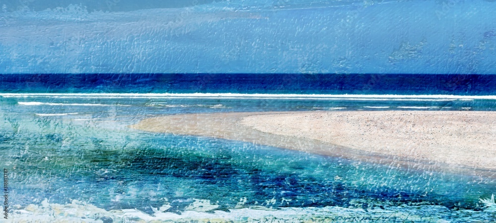 Landscape with the blue Atlantic Ocean and a beach with white sand