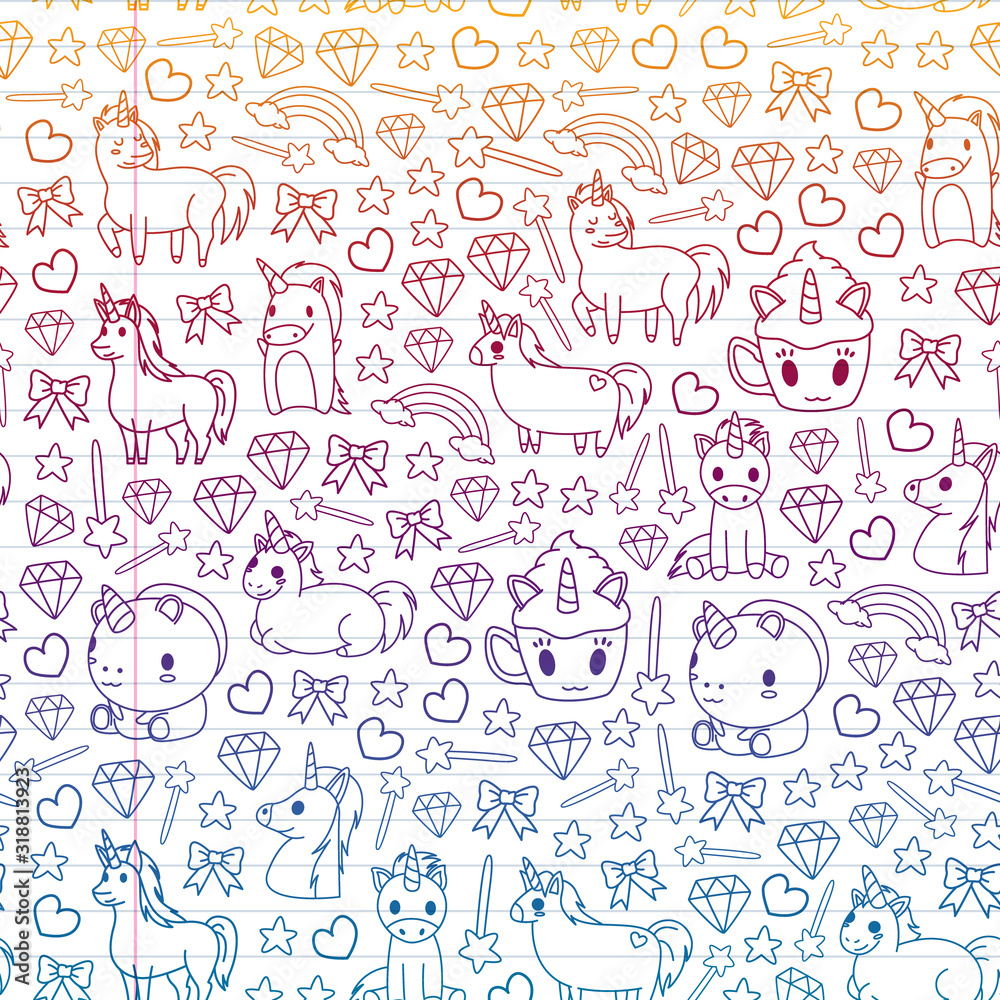 Children pattern with fairy tale unicors for kids clothes, posters, banners, shirts. Vector image with cartoon character. Children pattern with fairy tale unicors for kids clothes, posters, banners, shirts. Vector image with cartoon character.