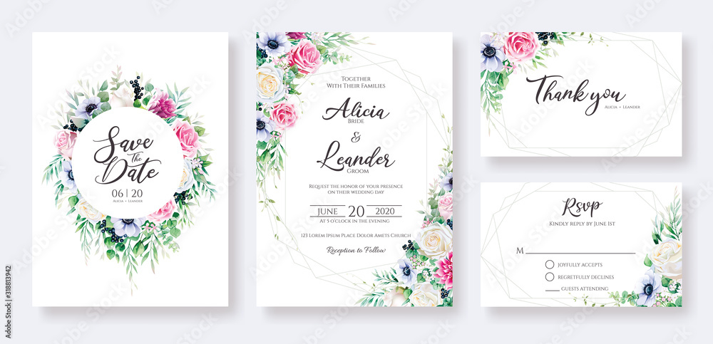 Floral Wedding Invitation card, save the date, thank you, rsvp template. Vector. Rose flower, greenery plants. Watercolor style.	
