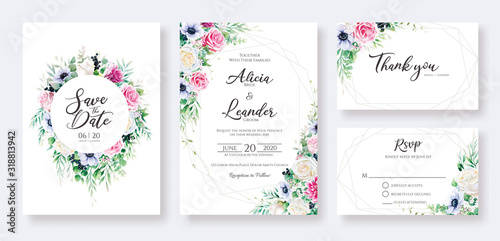 Floral Wedding Invitation card, save the date, thank you, rsvp template. Vector. Rose flower, greenery plants. Watercolor style.	