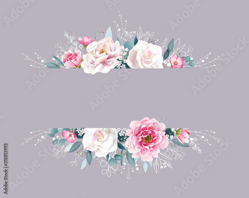 Pink Peony and Rose flower frame border on isolate background. Beautiful template for invite or greeting card, banner. All elements are isolated and editable.