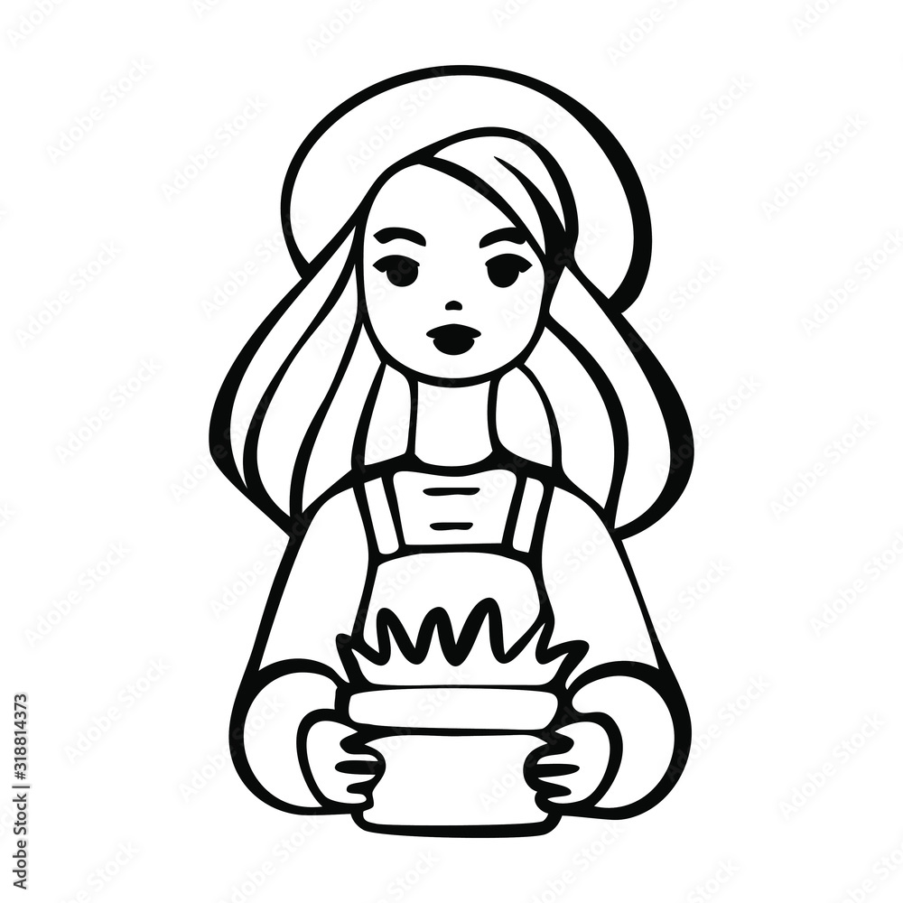 Gardener cute young woman, smiling girl in hat with plant pot. Black and white stock vector illustration design for logo and icon. Gardener cute young woman, smiling girl in hat with plant pot. Black and white stock vector illustration design for logo and icon.