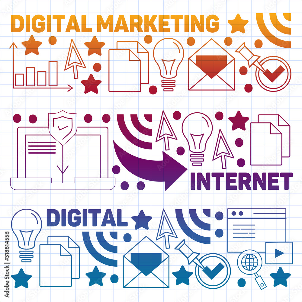 Digital marketing pattern with vector icons. Management, start up, business, internet technology. Digital marketing pattern with vector icons. Management, start up, business, internet technology.