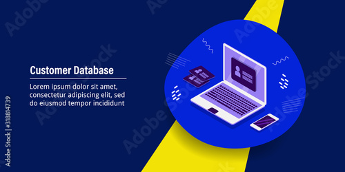 Customer data, user profile, know your customer, customer details showing laptop screen, isometric design concept. Web banner template with text.