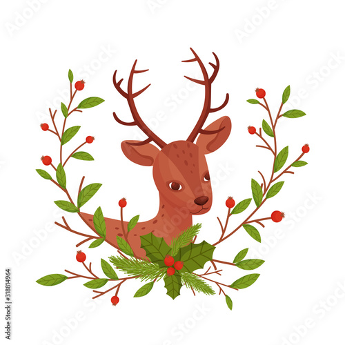 Brown Deer Near Floral Twigs. Hoofed Ruminant Mammal Sticking Out Its Head Through Winter Flora Vector Illustration