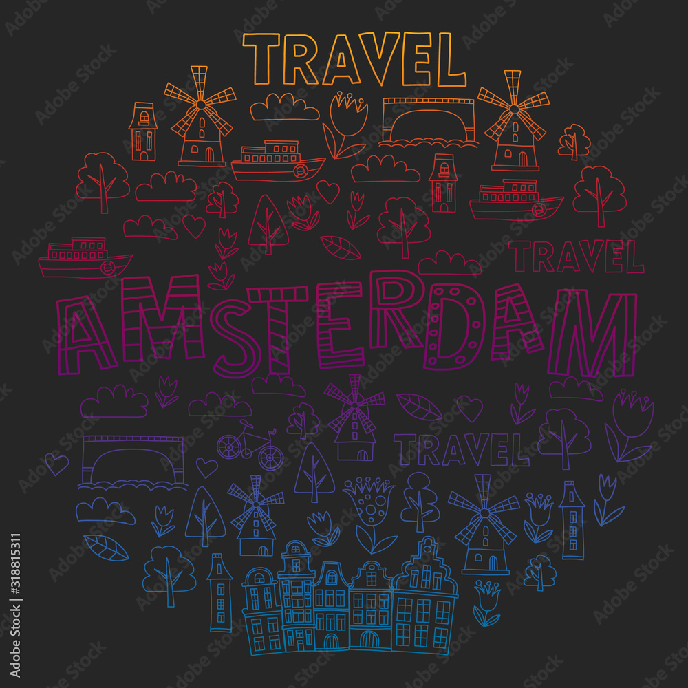 Obraz premium Vector pattern with Holland, Netherlands, Amsterdam icons. Doodle style.