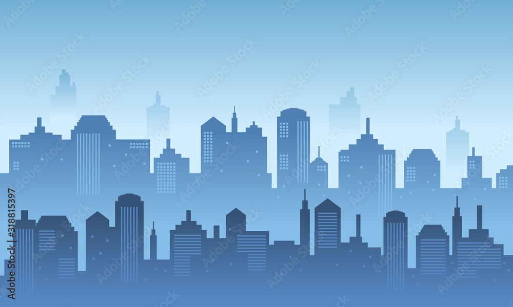 City skyscraper with blue colour of buildings